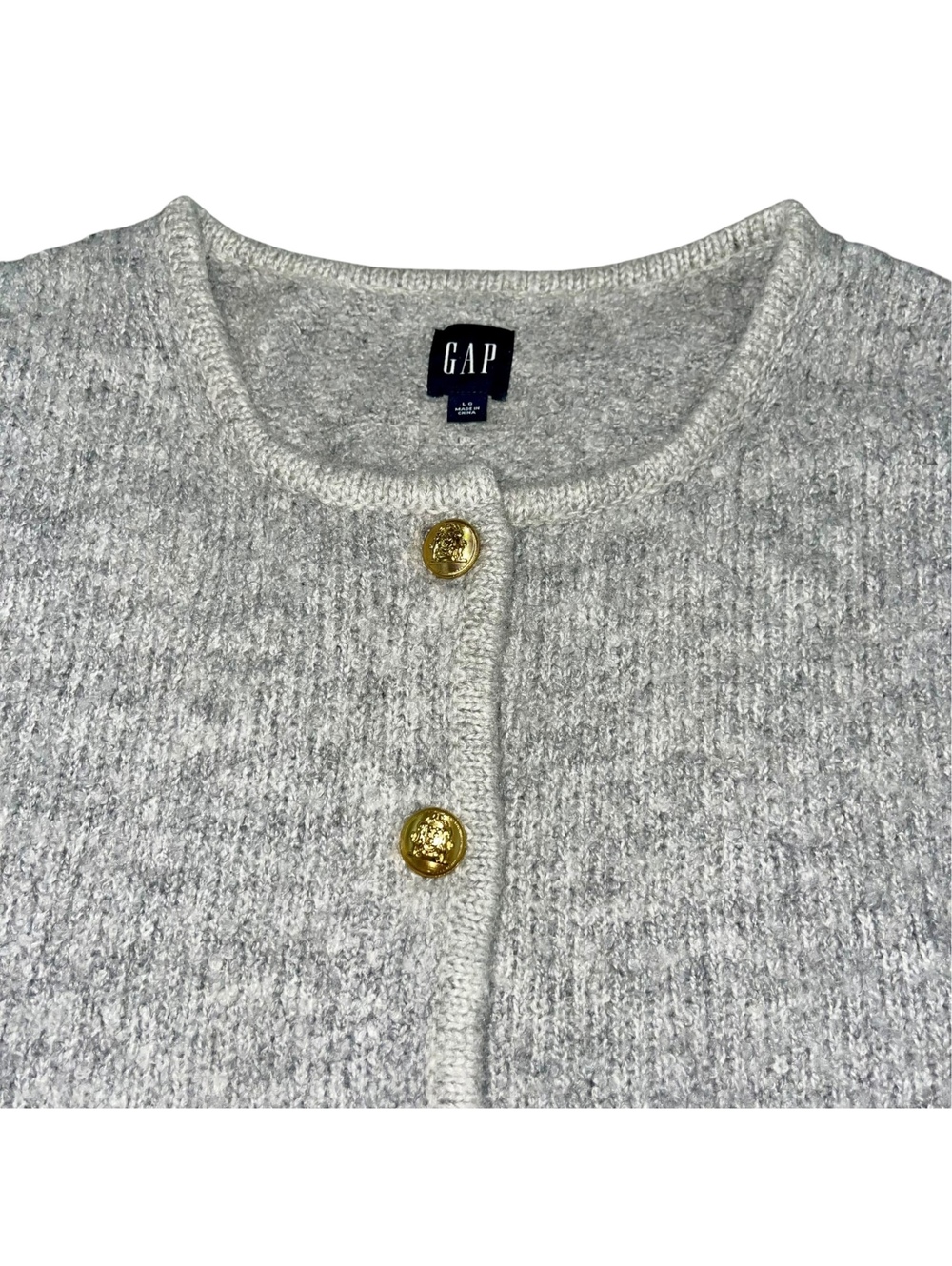 GAP Cropped Cardigan Sweater L Boulce Light Gray Wool Blend Gold Buttons - Picture 3 of 9